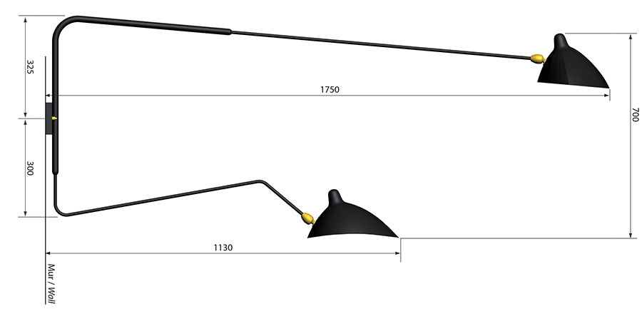 Applique 2 Bras Pivotant dont 1 Courbe