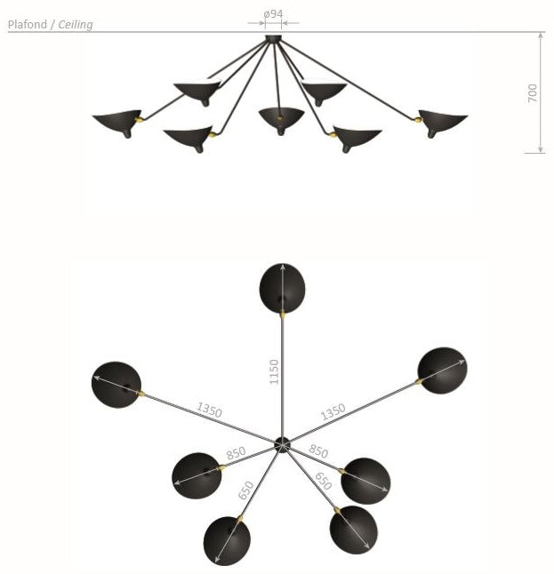 Plafonnier Araignee 7 Bras Fixes